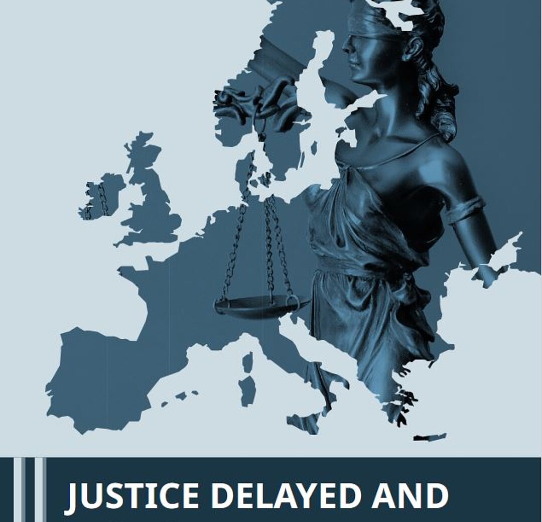 Cover of the report "Justice Delayed and Justice Denied" 2025 edition with an image of Justitia put on a map of Europe