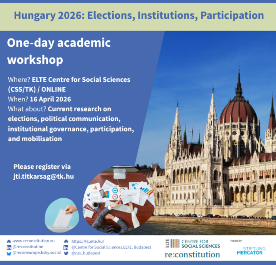Sharepic with a picture of the Hungarian parliament building and the text "Hungary 2026: Elections, Institutions, Participation. One-day academic workshop. Where? ELTE Centre for Social Sciences (CSS/TK) / Online, When? 16 April 2026, What about? Current reseach on elections, political communication, institutional governance, participation, and mobilisation. Please register via jti.titkarsag@tk.hu"