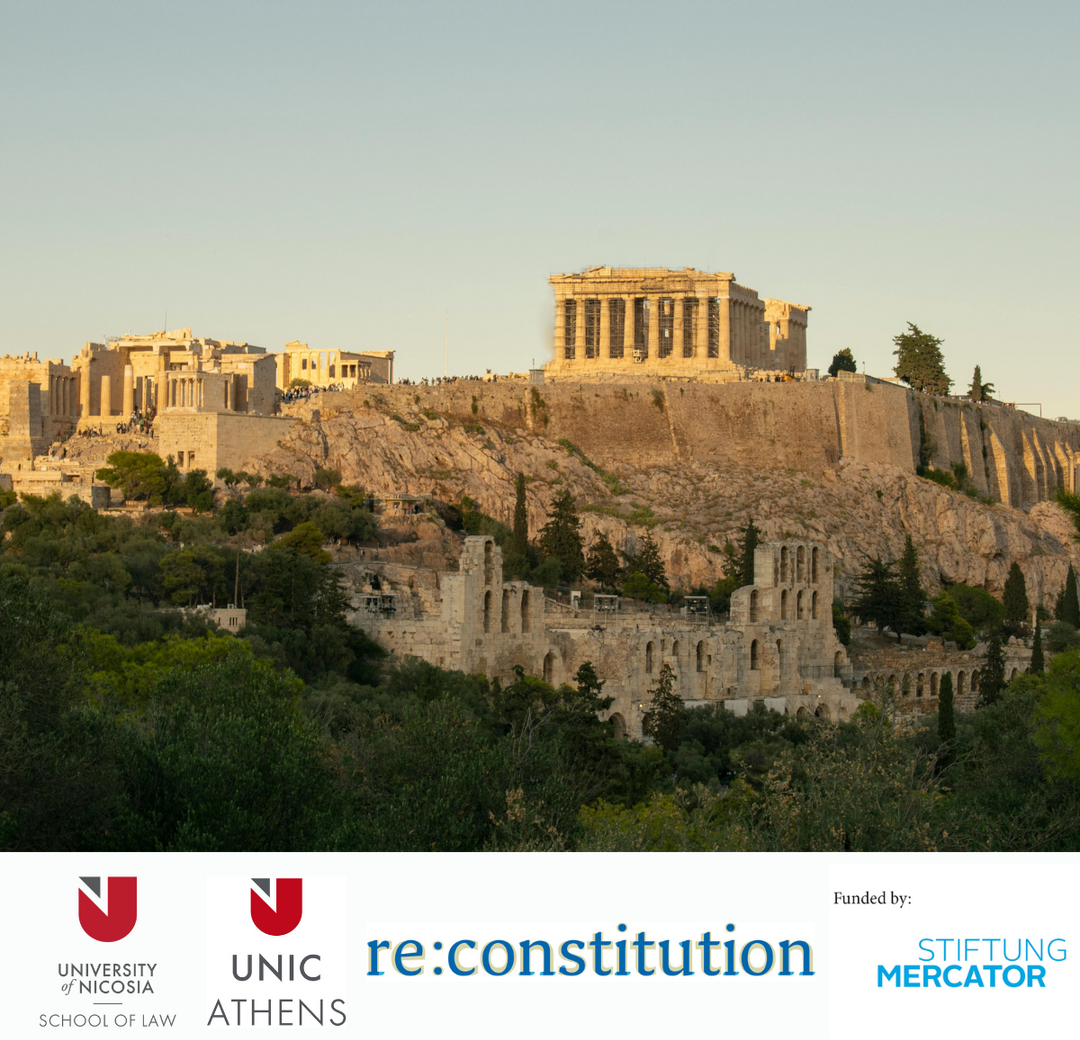 Picture of the Acropolis and the logos of University of Nicosia,reocnstitution and Stiftung Mercator